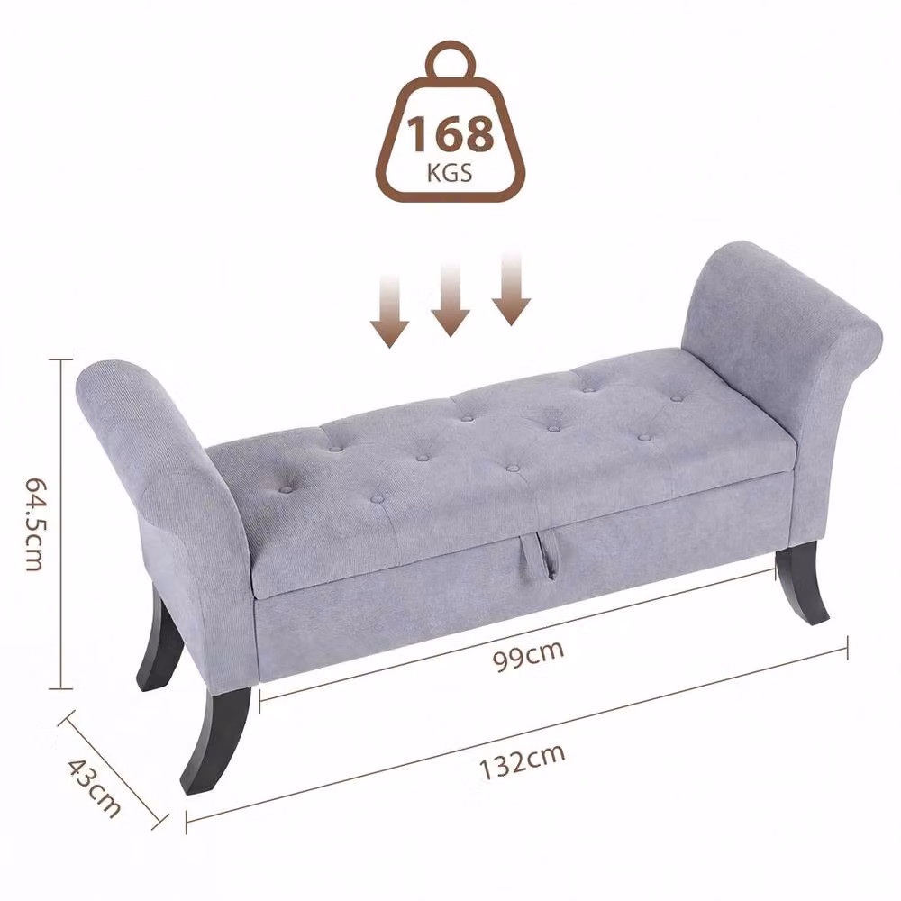 VOGREX Velvet Upholstered Storage Ottoman Bench in Grey, W: 133 cm, D: 53 cm, H: 46 cm – 2