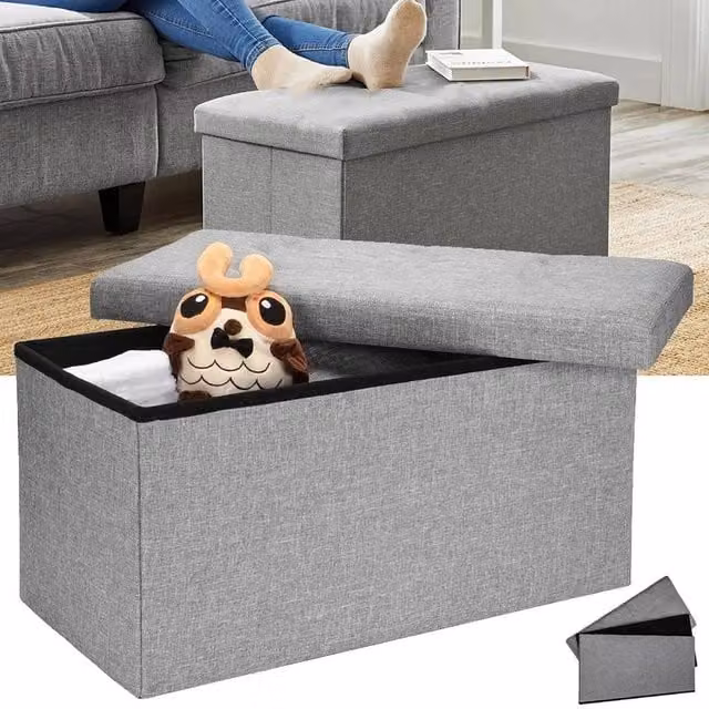 NESTLUNE Foldable Fabric Ottoman Storage Bench and Toy Chest in Grey