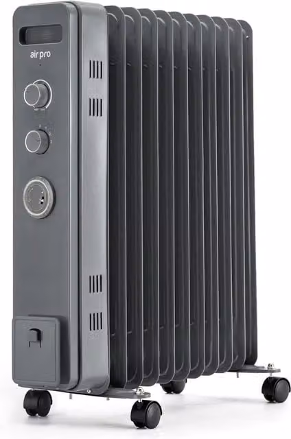Air Pro 2500W Oil Filled Radiator with Thermostat and 24h Timer, Grey