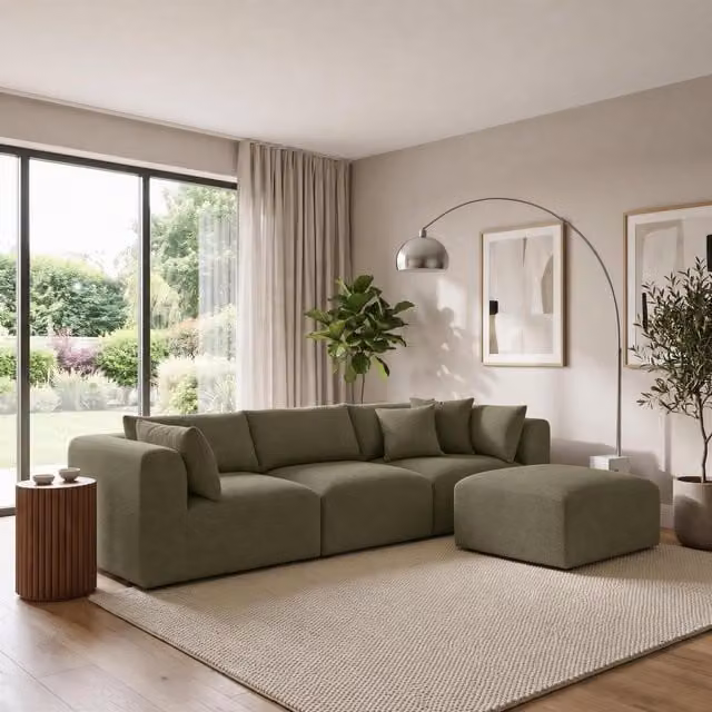 Furniturebox UK Drift 3 Seater Modular L-Shape Chaise Sofa in Green Boucle Fabric
