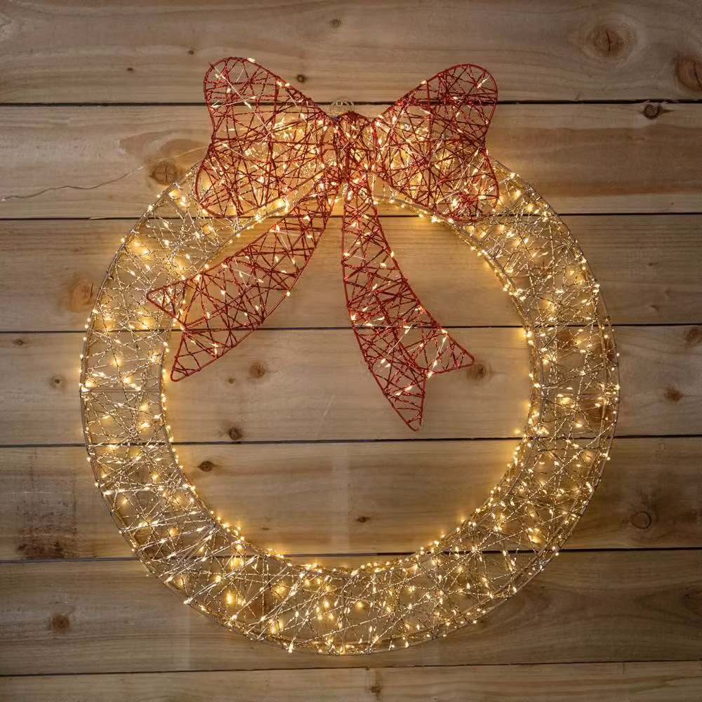 Samuel Alexander 70cm Christmas Wreath with 750 Warm White LEDs, Timer and Red Bow in Gold/Brass – 2