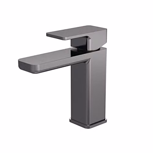 nuie WIN705 Windon Modern Bathroom Square Mono Basin Mixer Tap with Push Button Waste, Brushed Pewter – 1