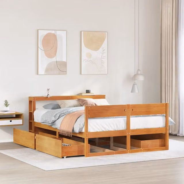 Berkfield Home Small Double Solid Wood Pine Bed Frame in Wax Brown, W/D/H: 120 x 190 cm