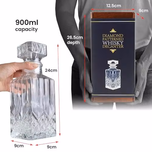 Kimm & Miller Classic Glass Whisky Decanter with Stopper, Transparent Geometric Cut Glass, 0.9 l – 8