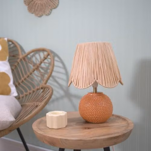 ValueLights Sebby Peach Ceramic Sphere Table Lamp with Beige Rattan Shade – 2