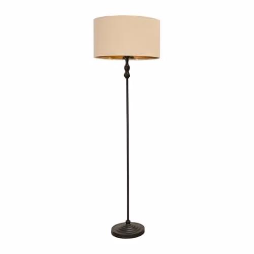 ValueLights Maggie Black Metal Candlestick Floor Lamp with Beige and Gold Fabric Cylinder Shade – 1