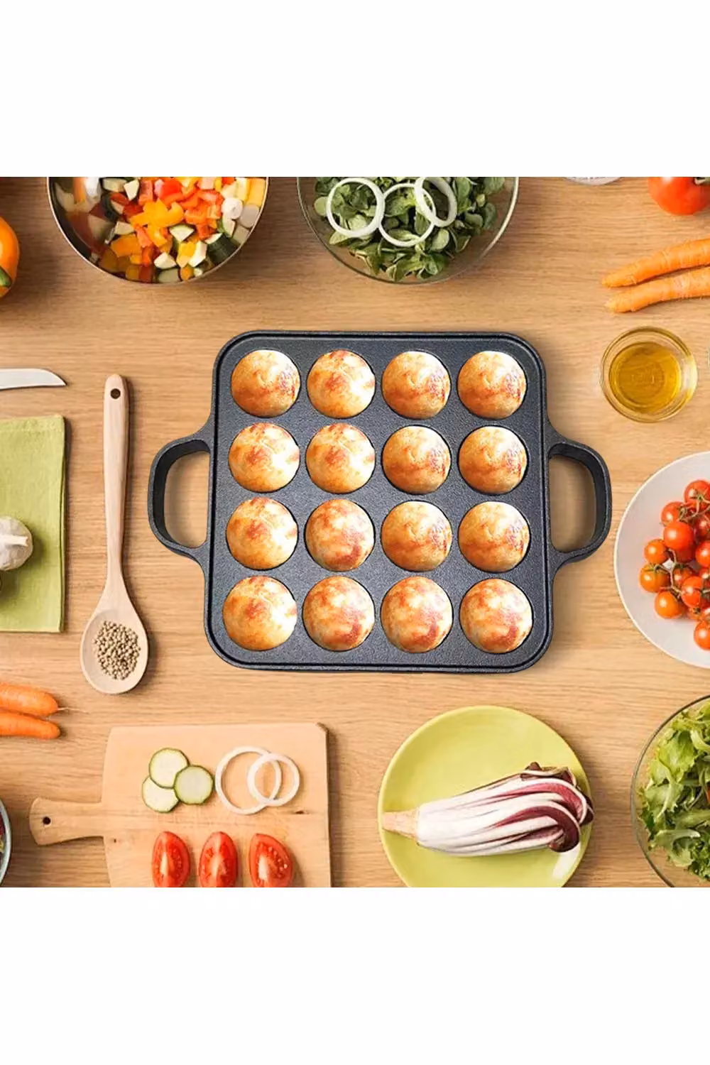 Living and Home 16-Hole Square Cast Iron Takoyaki Pan with Handles Black – 6