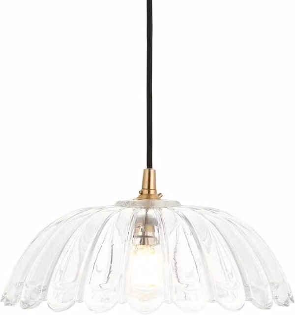Netlighting Eltham Glass Pendant Light in Aged Brass and Gold with Black Braided Cable and Transparent Glass Shade