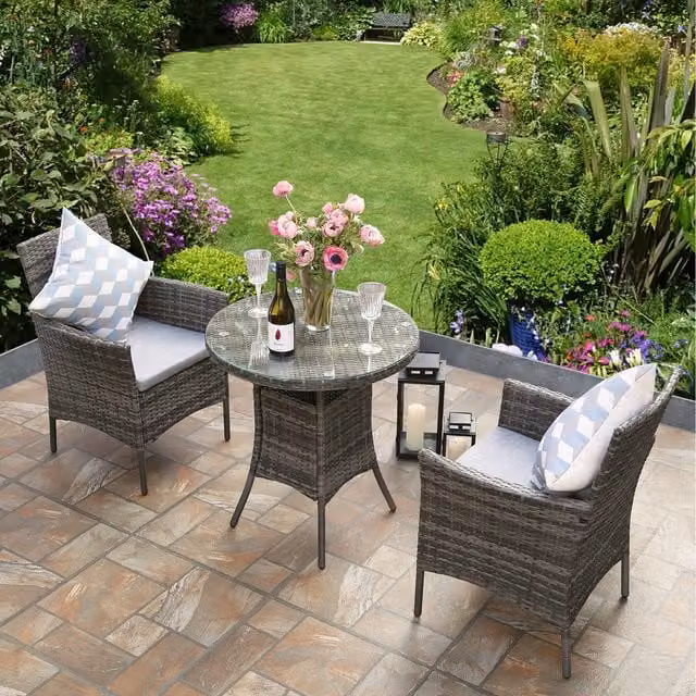 RayGar Modern Grey Rattan 2 Seater Round Bistro Set with Glass Top