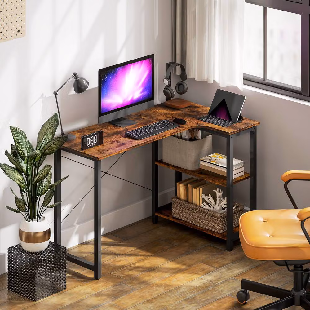 STILVORA L Shaped Corner Desk with Shelves in Rustic Dark Brown – 7