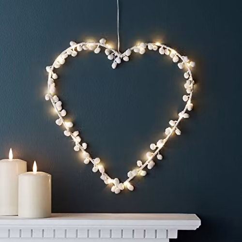 Lights4fun White Pom Pom Heart Hanging Wreath Decoration with 20 Warm White LEDs and Timer – 2