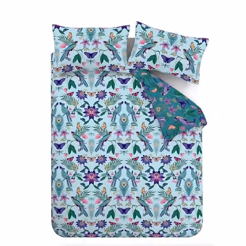 Catherine Lansfield Mya Tropical Floral Reversible Double Duvet Cover Set with Pillowcases in Duck Egg Blue – 4