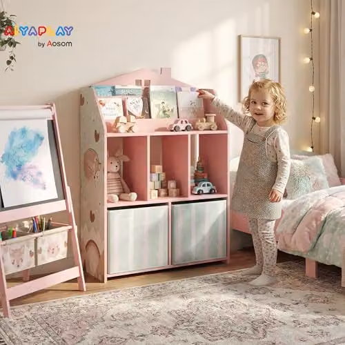 AIYAPLAY Kids Bookshelf and Toy Storage Unit with Animal Print in Pink, W/D/H: 62.5 x 30.0 x 91.5 cm – 2