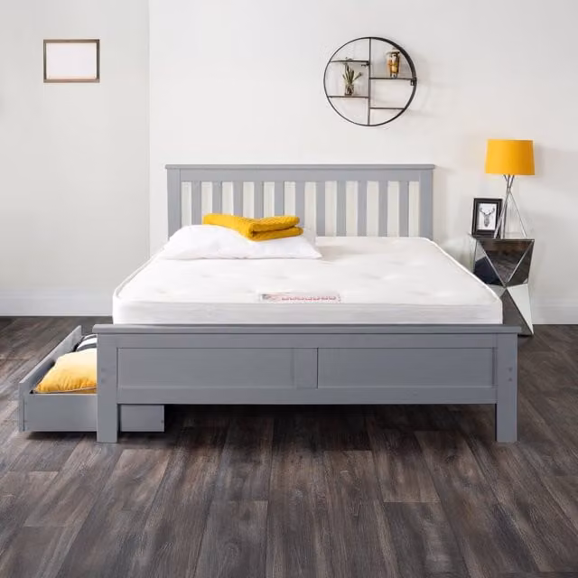FurnitureboxUK Azure Modern Solid Pine Bed Frame in Grey with Mattress and 2 Drawers, 180 x 200 cm