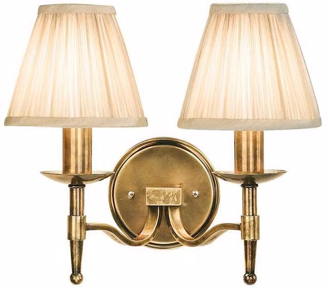 Loops Avery Luxury Twin Arm Wall Light in Antique Brass with Beige Pleat Fabric Shade
