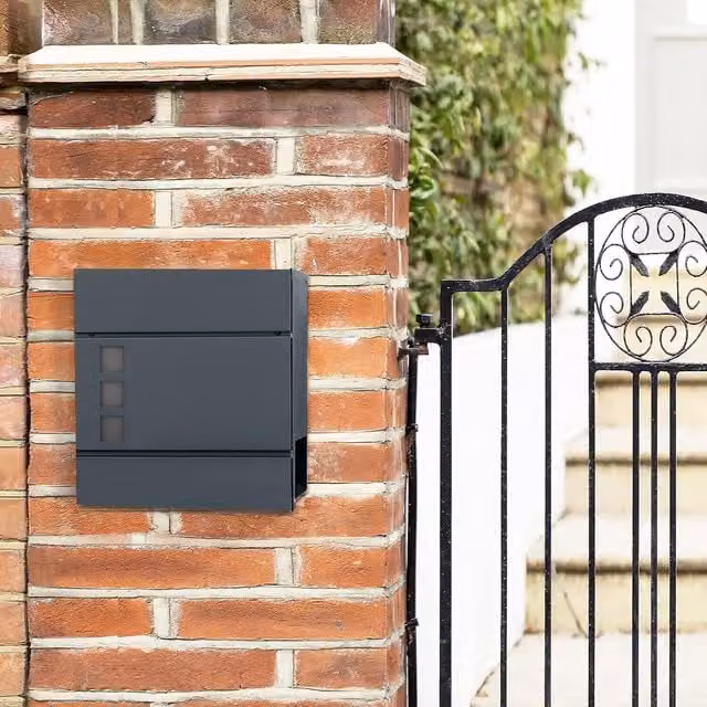 The Bazaarist Wall-Mounted Lockable Steel Mailbox with Integrated Newspaper Compartment in Anthracite Grey, W/D/H: 37.0 x 37.0 x 10.5 cm