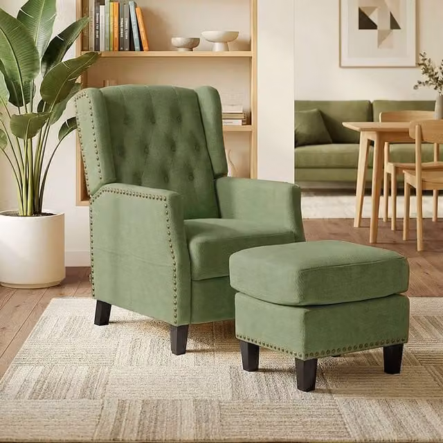 Livingandhome Green Fabric Upholstered Relax Recliner Chair with Matching Ottoman