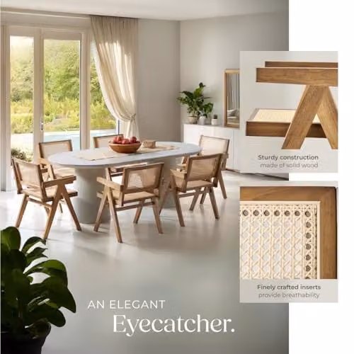 tectake Set of 6 Mid-Century Modern Dining Chairs with Solid Wood Frame and Viennese Wickerwork in Light Brown – 3