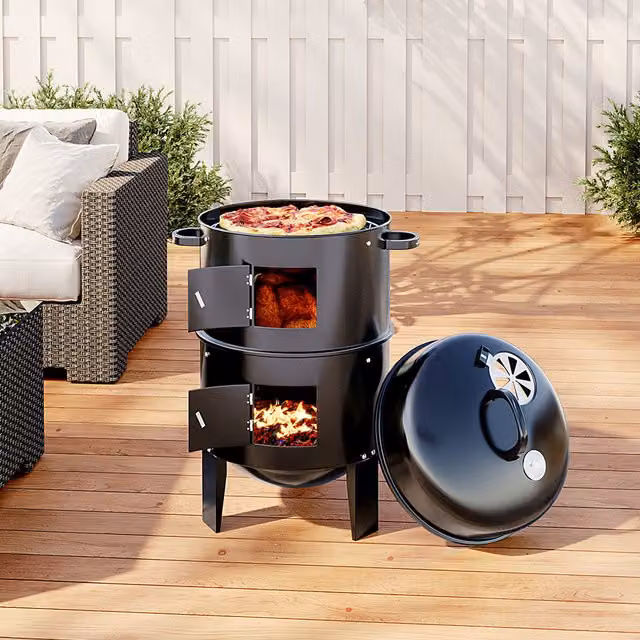 Livingandhome 3-in-1 Charcoal BBQ Smoker and Barbecue Grill with Thermometer, Black
