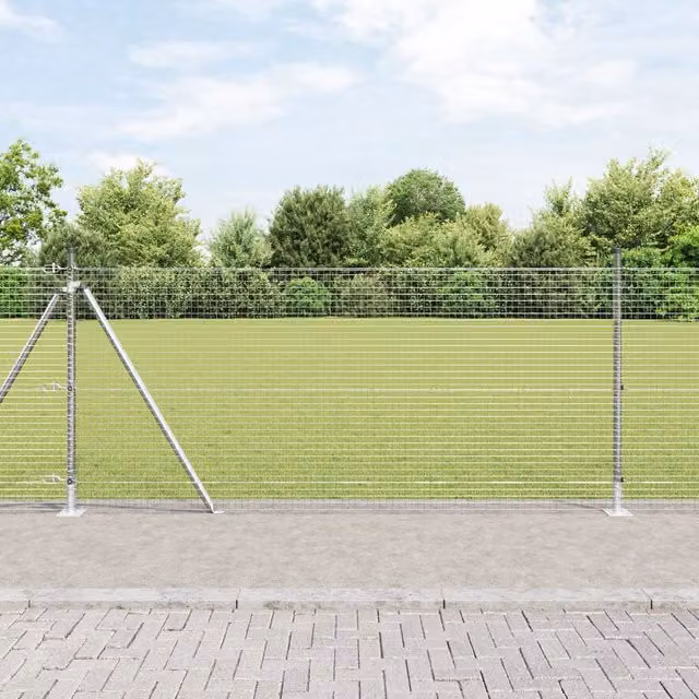 Berkfield Home Silver Galvanised Steel Welded Wire Fence with 7 Flanged Posts, W: 10 m, H: 0.8 m – 1