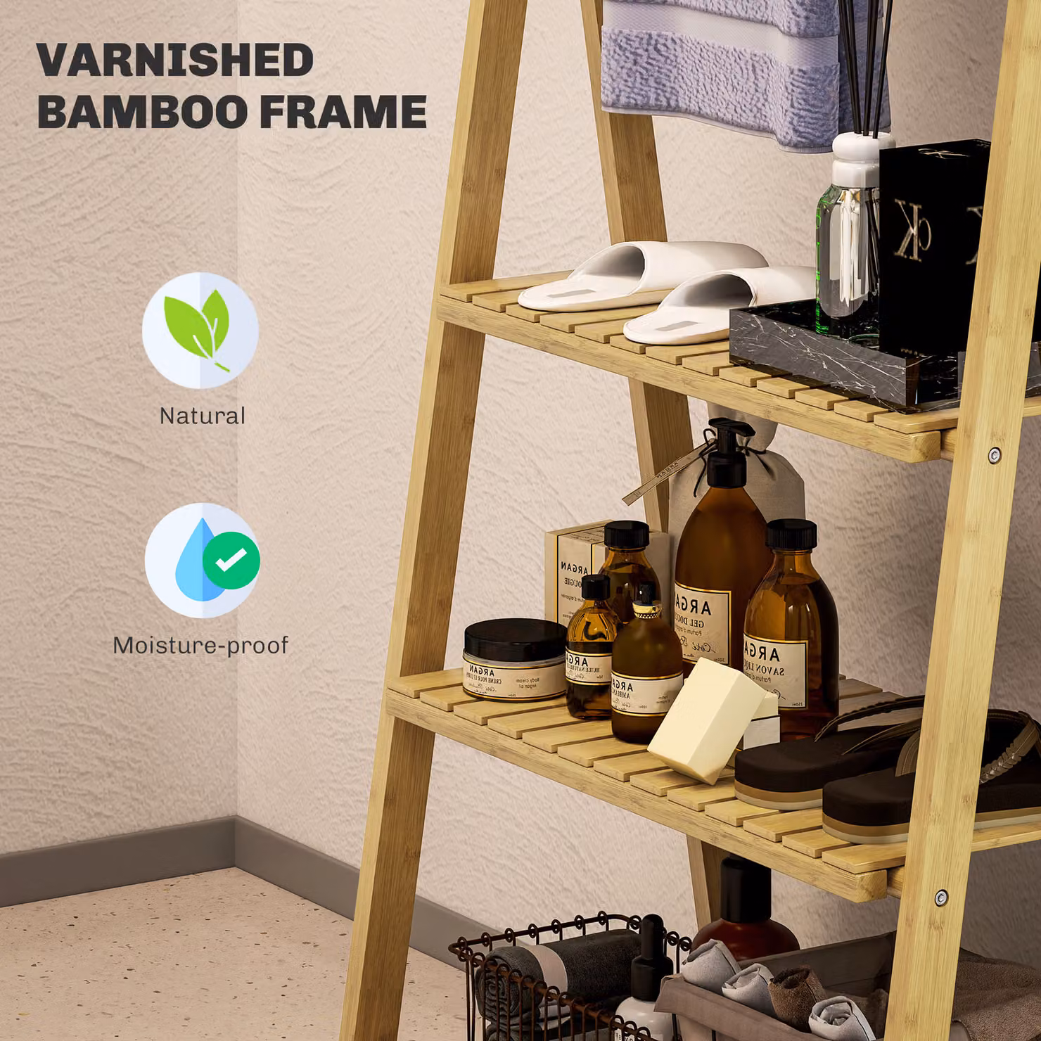 HOMCOM Three-Shelf Bamboo Ladder Storage Unit with Towel Racks, Brown/Beige, H 153 x W 53.5 x D 18 cm – 4