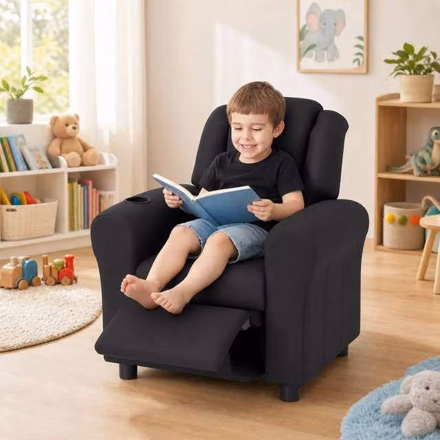 STILVORA Children's Recliner Chair with Integrated Ottoman in Black Synthetic Leather – 1