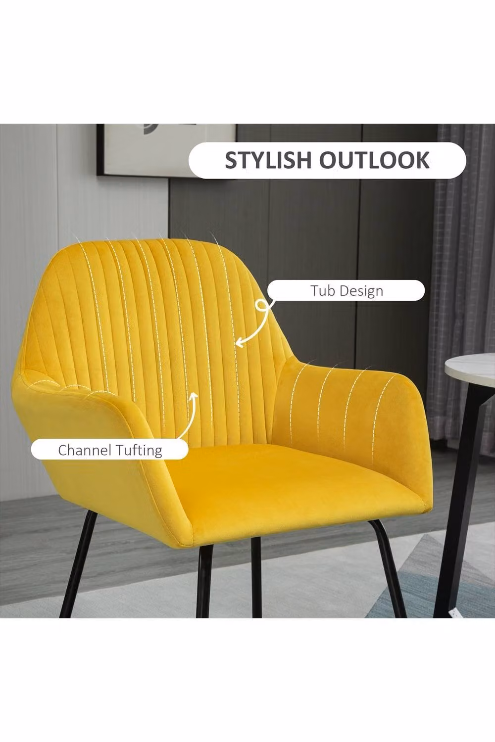 ERGOVEXA Yellow Velvet Upholstered Tub Armchair with Metal Base – 3