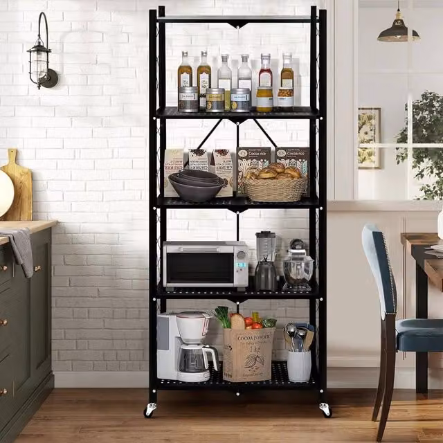 Hygrad Built to Survive 5 Tier Black Metal Multifunctional Foldable Portable Free Standing Storage Shelf Rack, W/D/H: 71.5 x 36.5 x 163 cm