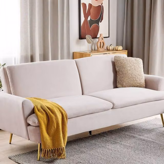 Wyld Haus Beige Velvet 3-Seater Click-Clack Sofa Bed with Solid Wood Frame