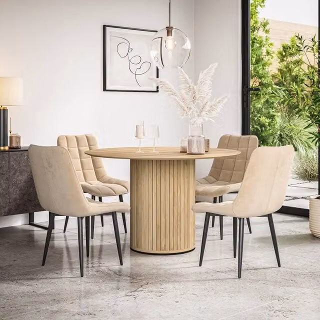 More4Homes Arlo Oak Round Dining Table and 6 Nova Beige Velvet Dining Chairs Set