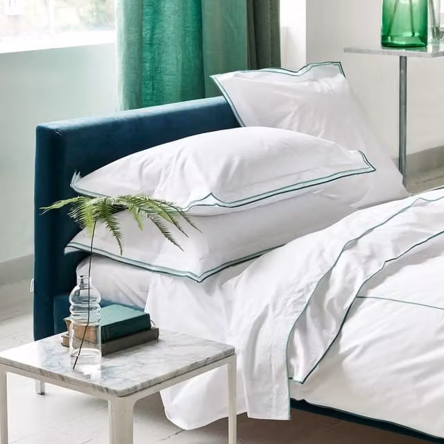 Designers Guild Astor Cotton Percale Duvet Cover and Pillowcase Set in Porcelain Green and White