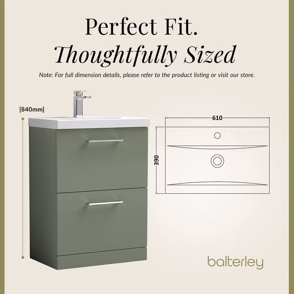 Balterley Modern Satin Green Floor Standing Bathroom Vanity Unit with 2 Soft-Close Drawers and Mid-Edge Basin, W: 61 cm, D: 39 cm, H: 84 cm – 4