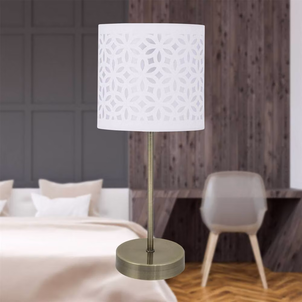 First Choice Lighting Set of 2 Antique Brass Stick Table Lamps with White Fabric Shades in Bronze – 2