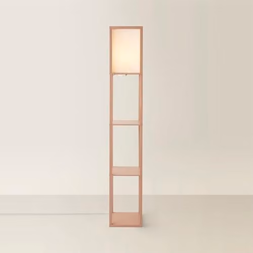ValueLights Struttura Square Wood Shelving Floor Lamp with Fabric Shade in Baby Pink, H 160 x W 26 x D 26 cm – 1