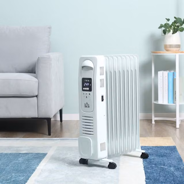 HOMCOM Digital Oil Filled Radiator 9 Fin Portable Electric Heater, White