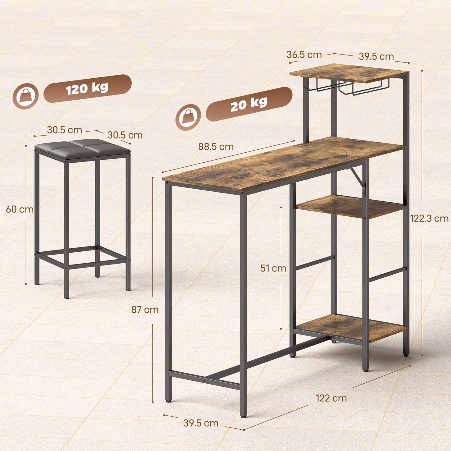 HOMCOM 3 Piece Breakfast Bar Table and Stools Set in Rustic Brown – 3