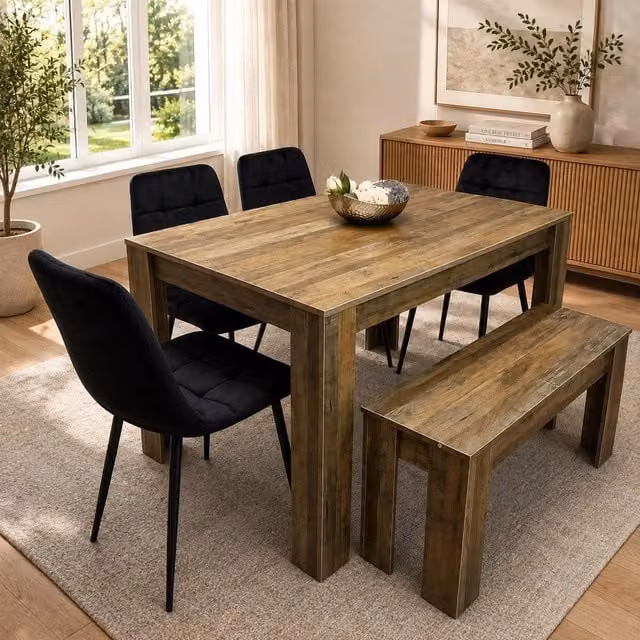 Kosy Koala Rustic Wood Dining Set with Rectangular Table, 4 Chairs and Bench in Brown and Black