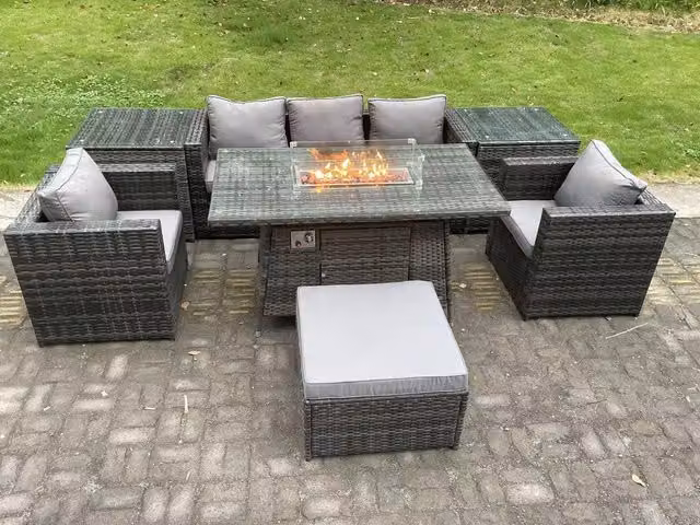 Fimous 6 Seater Outdoor PE Rattan Garden Furniture Set with Gas Fire Pit Dining Table and Footstool in Dark Grey – 1