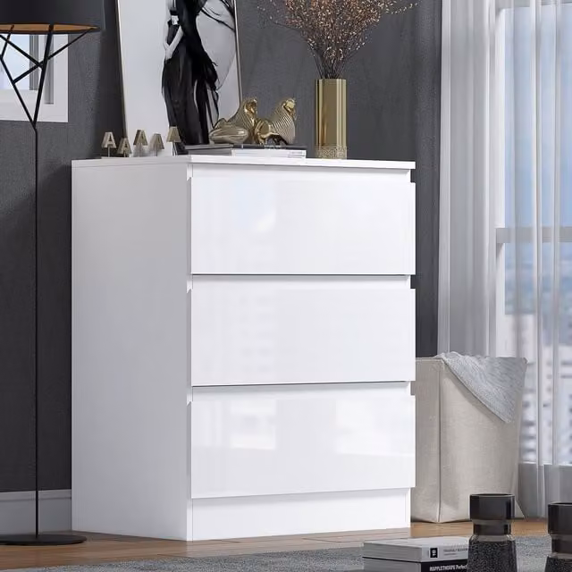 FWStyle Stora Modern 3 Drawer Chest of Drawers in White Gloss, H 77 x W 60 x D 40 cm