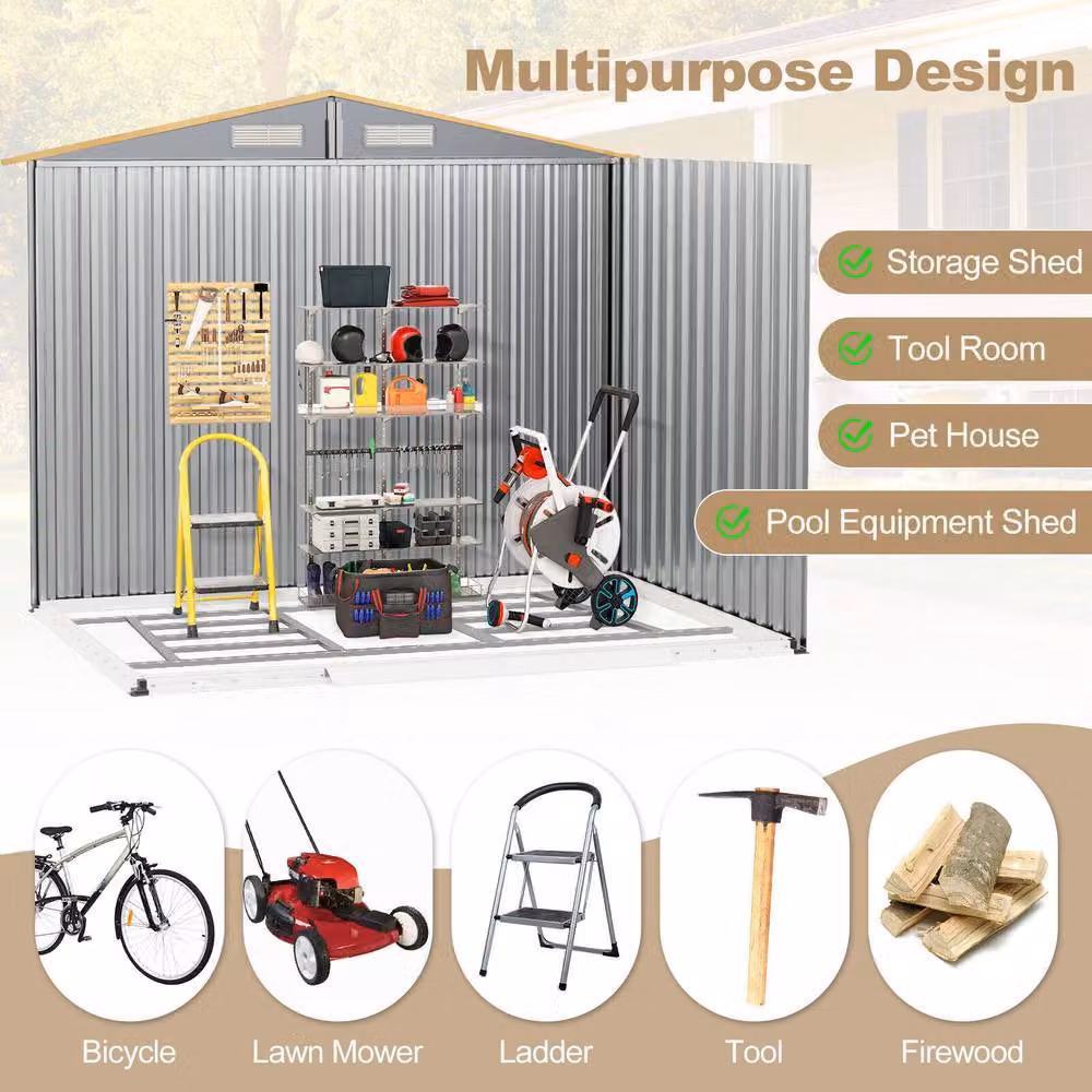 Costway Galvanised Steel Outdoor Storage Shed in Sand with Lockable Sliding Door – 4