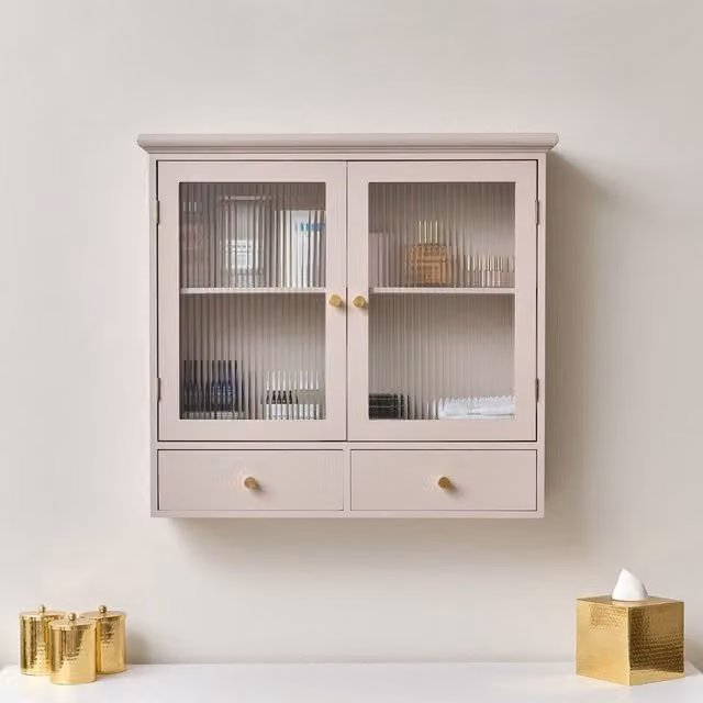 Melody Maison Pink Reeded Glass Wall Cabinet with Drawers and Gold Accents