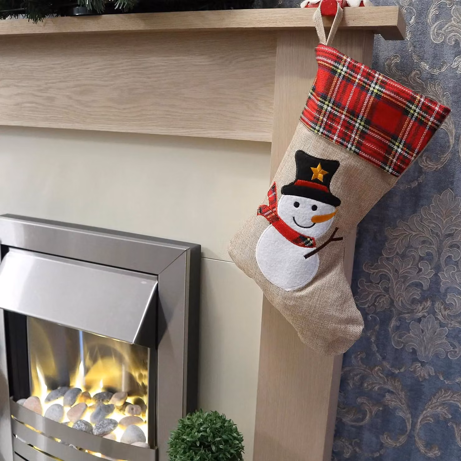 Shatchi Brown Snowman Christmas Stocking, Rustic Burlap Hessian Hanging Sack, W/H: 26 x 25 cm – 13
