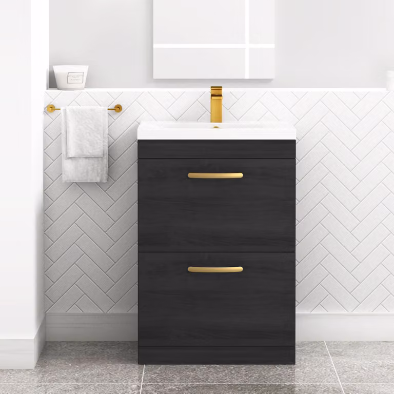 Royal Bathrooms Turin 600mm Floor Standing Mid-Edge Basin Vanity Unit in Hale Black with 2 Drawers and Brushed Brass Handles