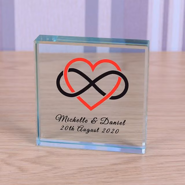 Uniqueful Personalised Heart Infinity Glass Token in Transparent and Beige for Wedding or Anniversary Gifts