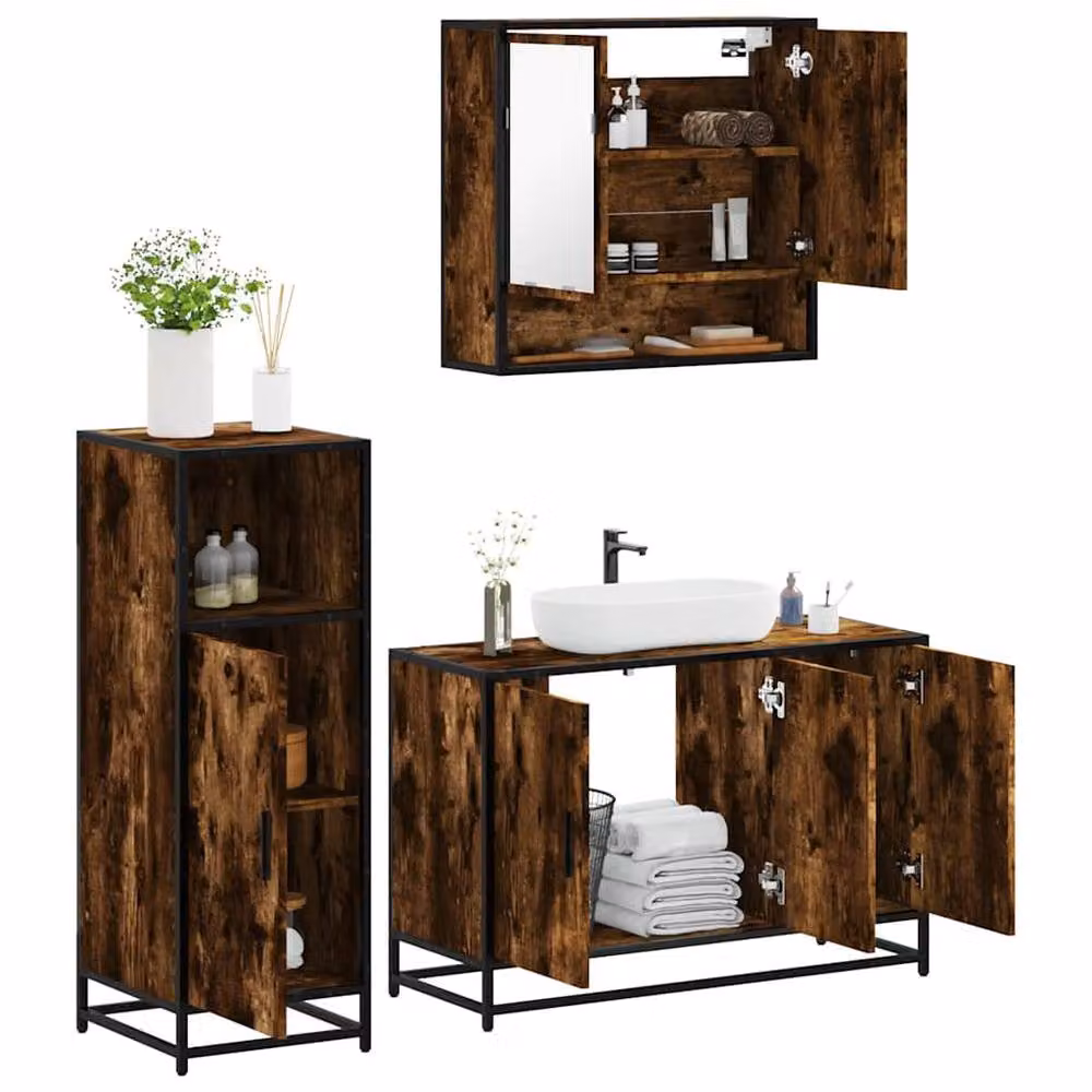Berkfield Home 3 Piece Industrial Bathroom Furniture Set in Smoked Oak Brown – 2