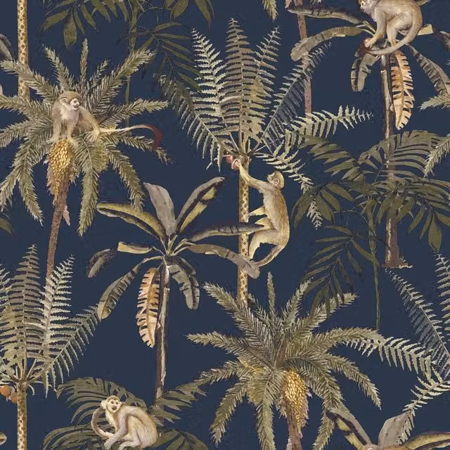 World of Wallpaper Amazonia Monkey Textured Navy Blue Botanical Animal Wallpaper