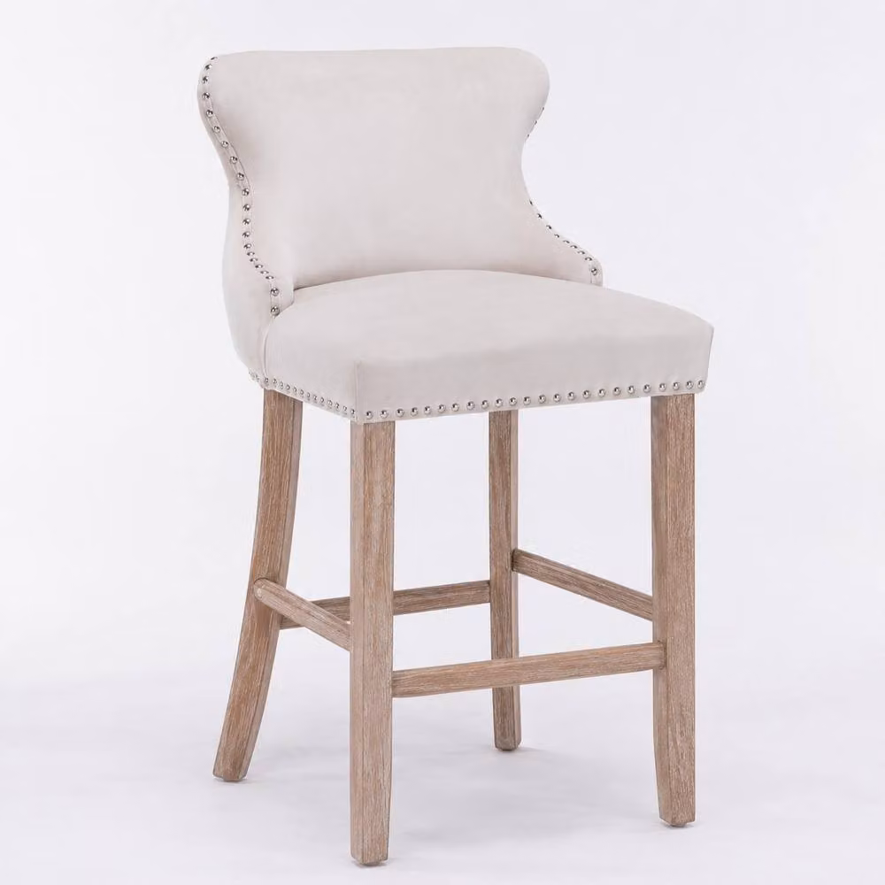 Modern Home Touch Set of 6 Beige Velvet Wing Back Bar Stools with Oak Wood Legs – 2