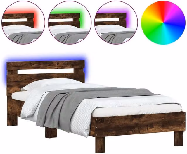 Berkfield Home Modern Bed Frame with LED Lights and USB Charging Port in Smoked Oak Brown, W: 90 cm, L: 200 cm – 1