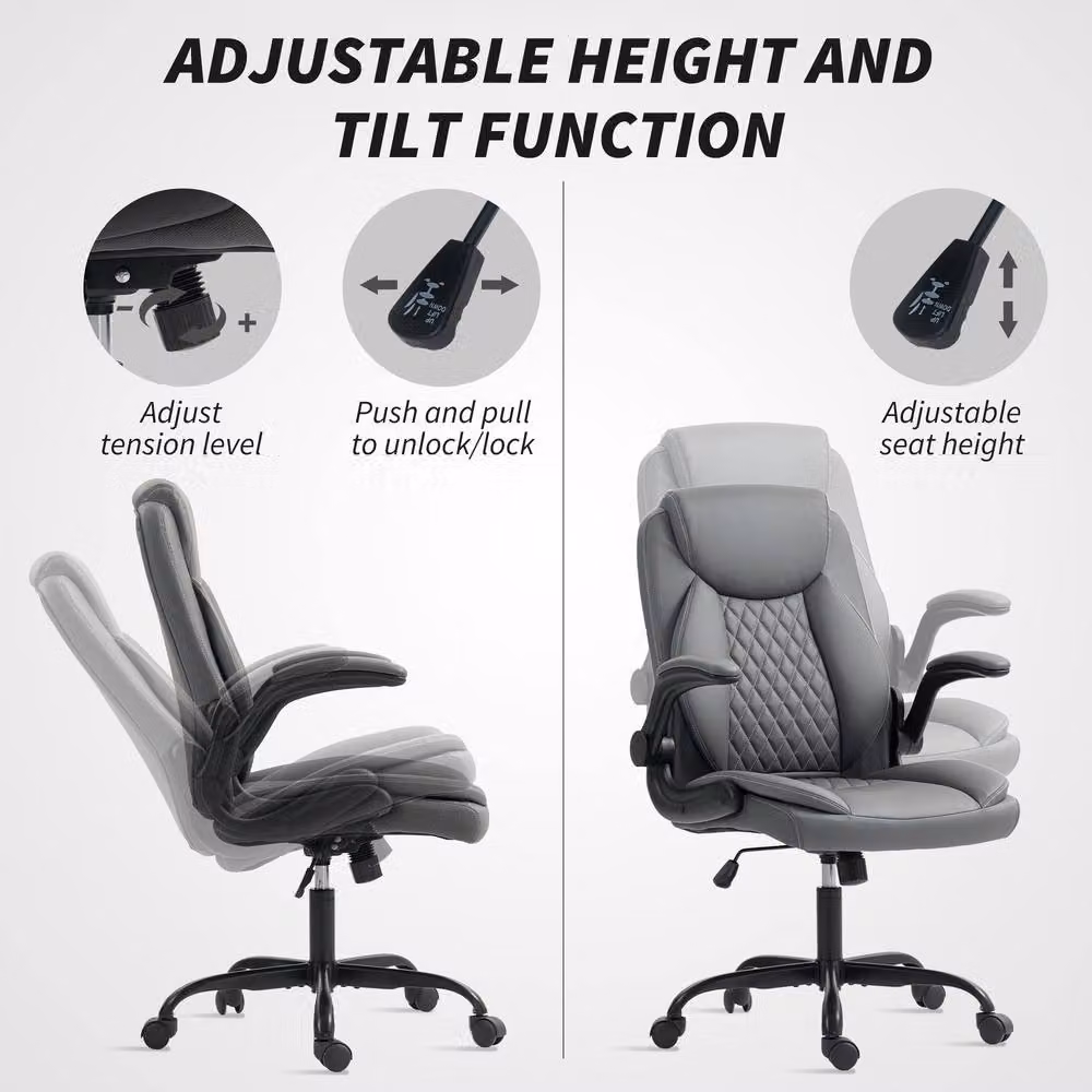 ERGOVEXA Faux Leather Office Chair with Flip-Up Armrests, Charcoal Grey – 6