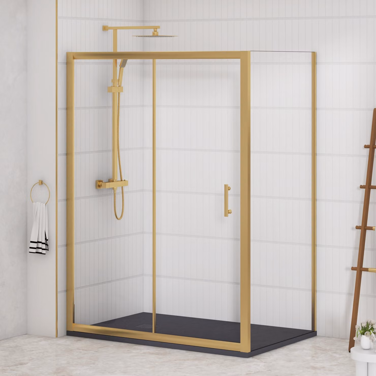 Royal Bathrooms Venice Sliding Door Shower Enclosure with Side Panel and Grey Slate Effect Stone Resin Tray, Brushed Brass, W: 120 cm, D: 90 cm, H: 185 cm, 6mm Glass